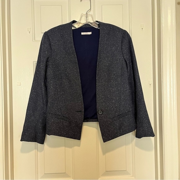 Lily Ashwell Navy Blue Cropped Blazer Jacket 100% Wool Small G2 - Picture 2 of 8